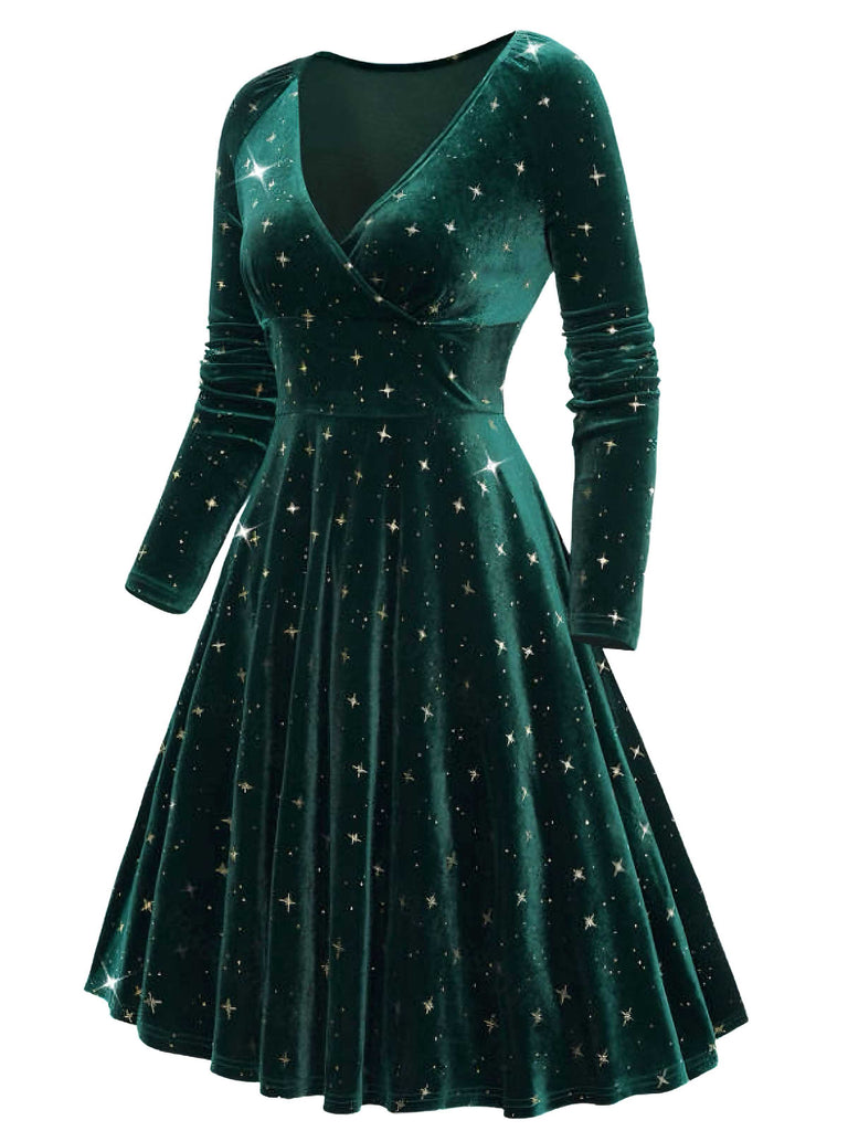 Dark Green 1940s V-Neck Star Velvet Dress - vintage dress, retro fashion