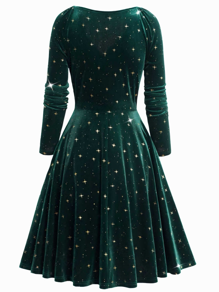 Dark Green 1940s V-Neck Star Velvet Dress - vintage dress, retro fashion