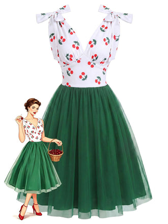 [Pre-Sale] Dark Green 1950s Cherry Print Mesh Colorblock Dress, vintage dress, retro fashion, rockabilly, pin-up fashion - perfect for women who love vintage and retro fashion