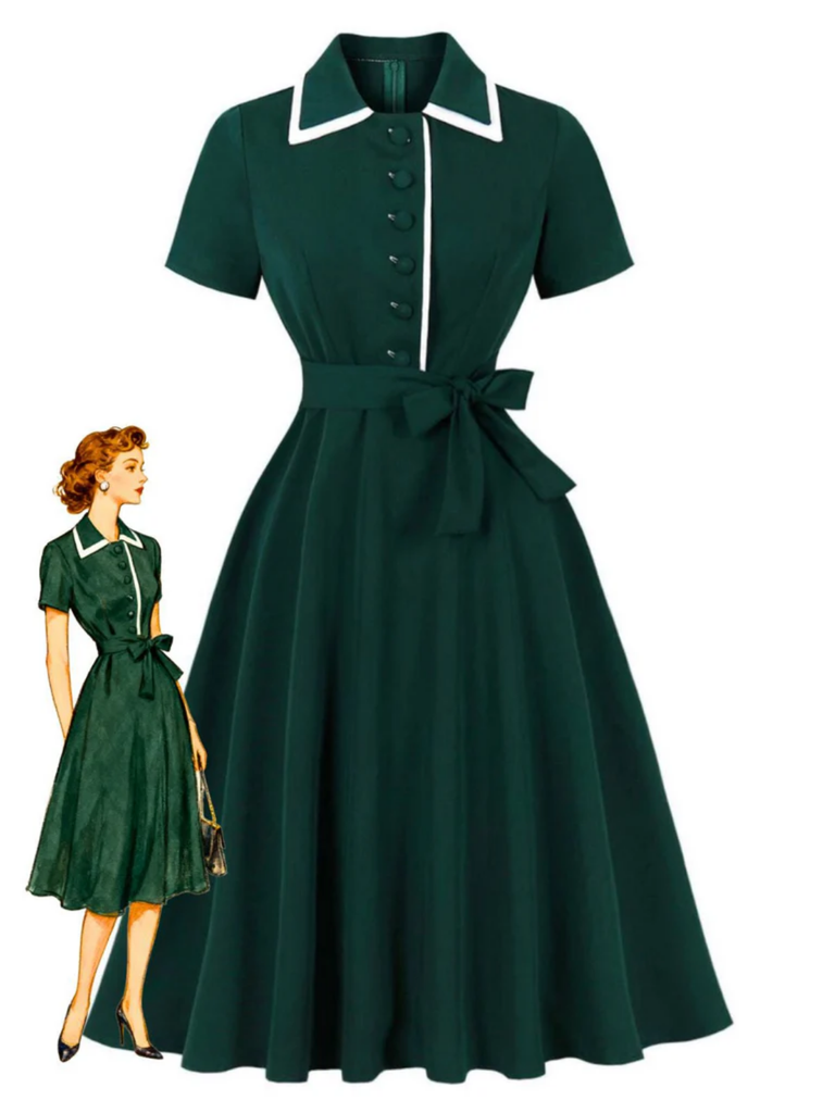 Dark Green 1950s Contrasted Lapel Swing Dress - vintage dress, retro fashion, rockabilly