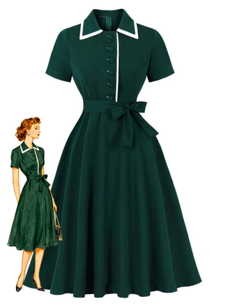 Dark Green 1950s Contrasted Lapel Swing Dress - vintage dress, retro fashion, rockabilly