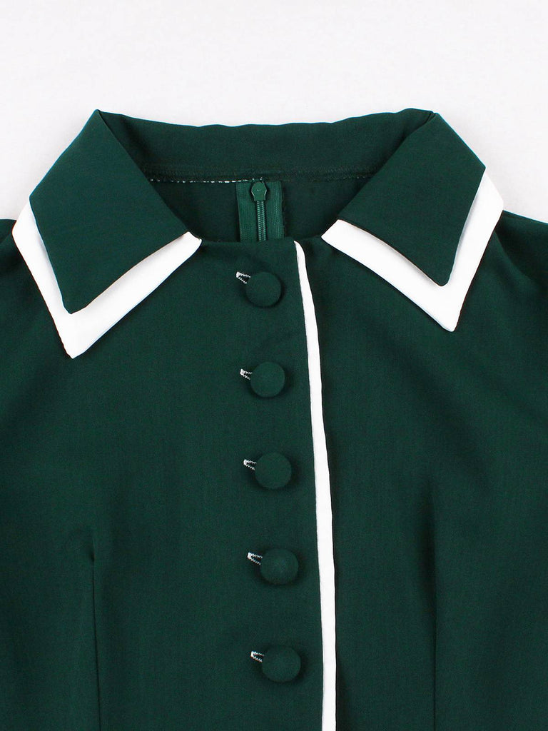 Dark Green 1950s Contrasted Lapel Swing Dress - vintage dress, retro fashion, rockabilly