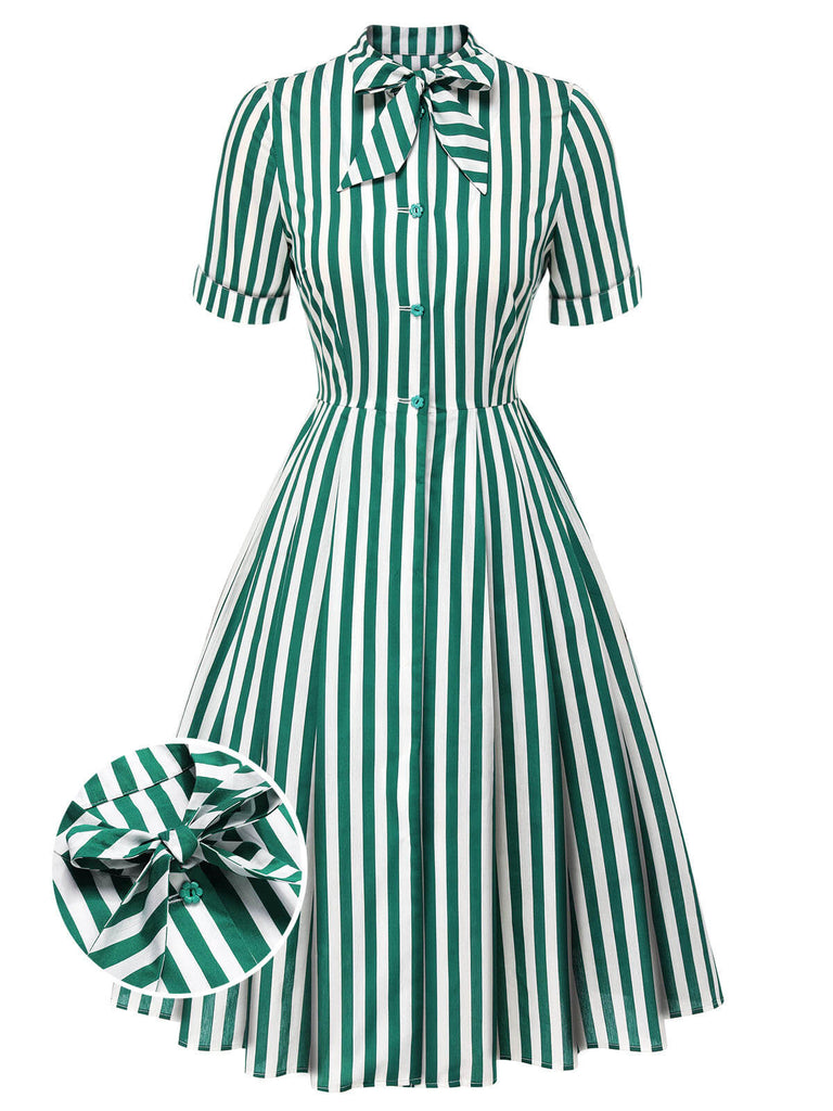 Dark Green 1950s Tie Neck Striped Dress, vintage dress, retro fashion, rockabilly, pin-up fashion - perfect for women who love vintage and retro fashion