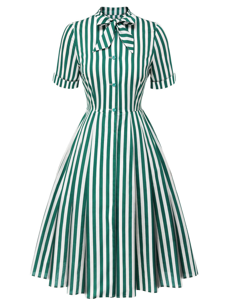 Dark Green 1950s Tie Neck Striped Dress, vintage dress, retro fashion, rockabilly, pin-up fashion - perfect for women who love vintage and retro fashion