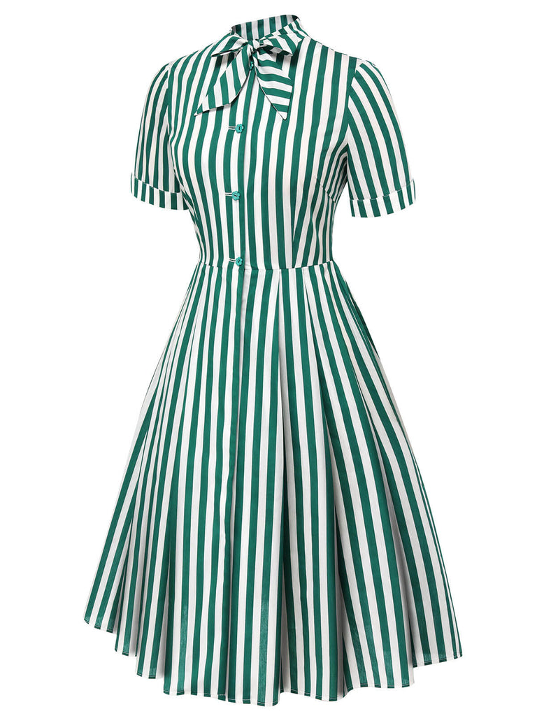Dark Green 1950s Tie Neck Striped Dress, vintage dress, retro fashion, rockabilly, pin-up fashion - perfect for women who love vintage and retro fashion
