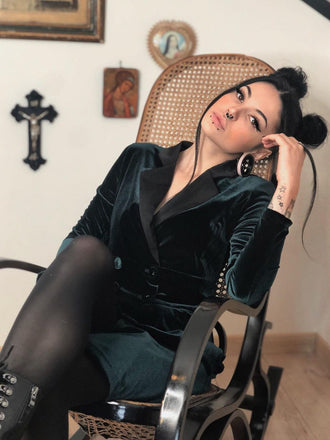 She slips into this Dark Green 1960s Lapel Button Velvet Dress and suddenly it's a 1960s daydream