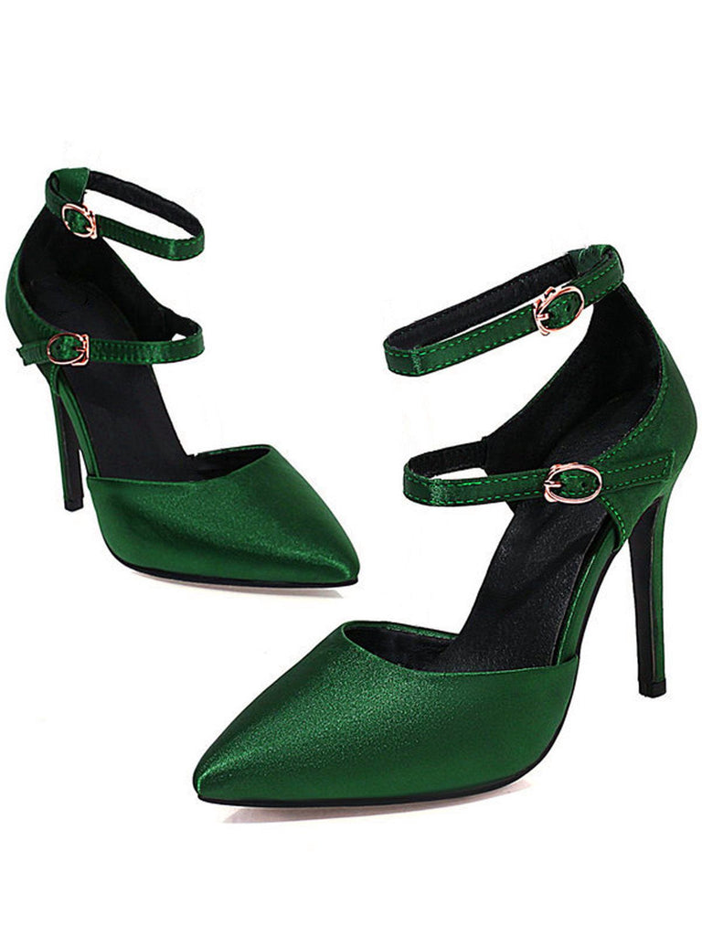 Dark Green Satin Double Buckle Belts High Heel Shoes — vintage elegance for the modern woman