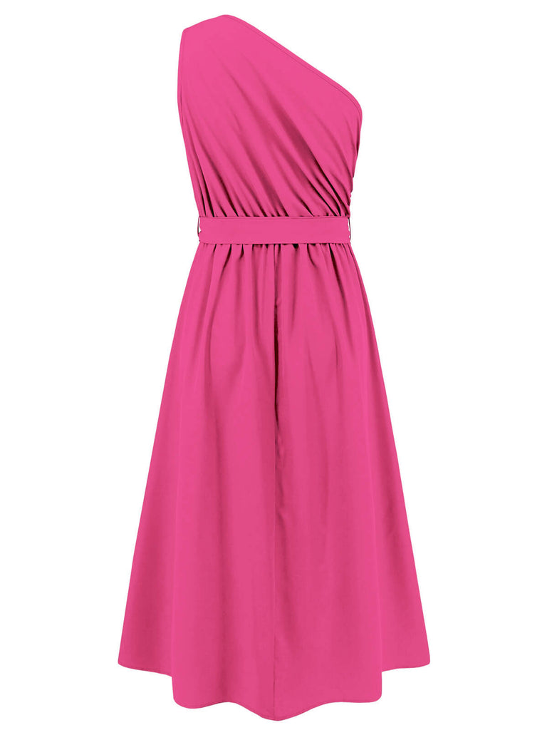 Dark Pink 1940s Solid One Shoulder Dress: where 1940s romance meets her modern spirit