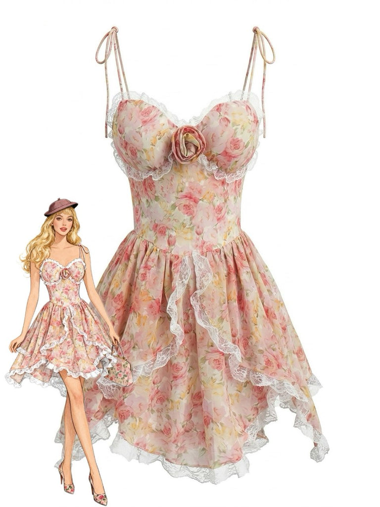 Pink 1950s Floral Chiffon 3D Rose Lace-Trim Dress - vintage dress, retro fashion, rockabilly, pin-up fashion for vintage lovers