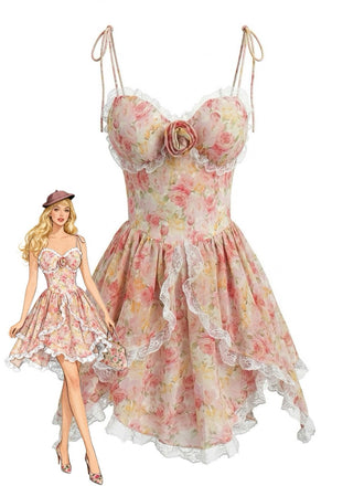Pink 1950s Floral Chiffon 3D Rose Lace-Trim Dress - vintage dress, retro fashion, rockabilly, pin-up fashion for vintage lovers