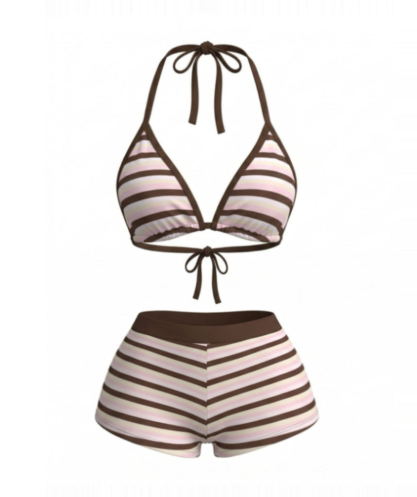 Dark Pink 1980s Striped Bikini Set - vintage fashion, retro style