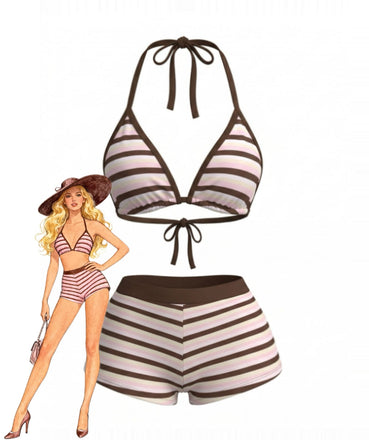 Dark Pink 1980s Striped Bikini Set - vintage fashion, retro style