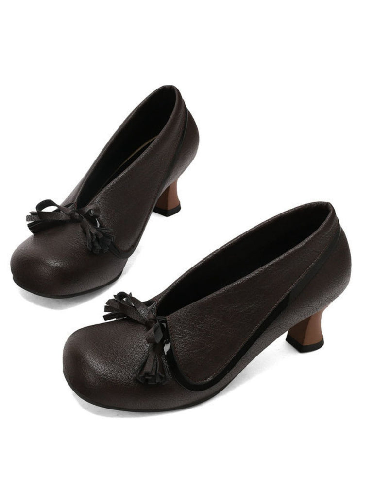 Retro Bow PU Round-Toe Chunky Heel Shoes
