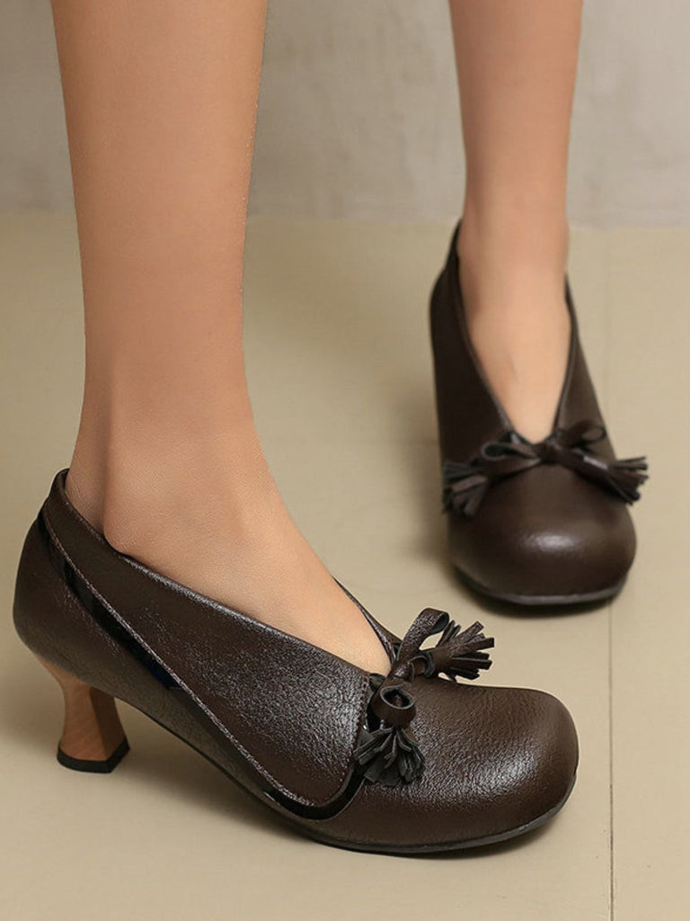 Retro Bow PU Round-Toe Chunky Heel Shoes