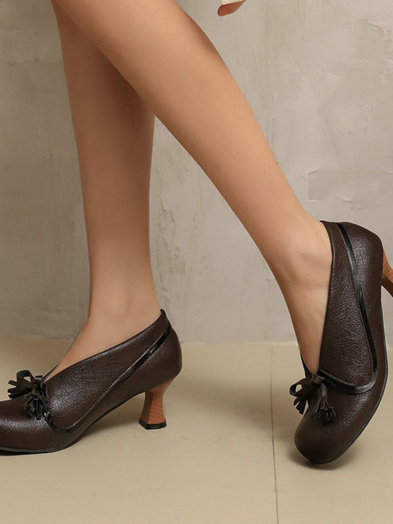 Retro Bow PU Round-Toe Chunky Heel Shoes