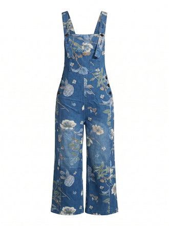 Deep Blue 1950s Floral Denim Classic Jumpsuit