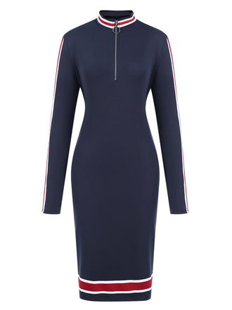 Deep Blue 1960s Stripes Zipper Long Sleeves Dress, vintage dress, retro fashion - perfect for women who love vintage and retro fashion