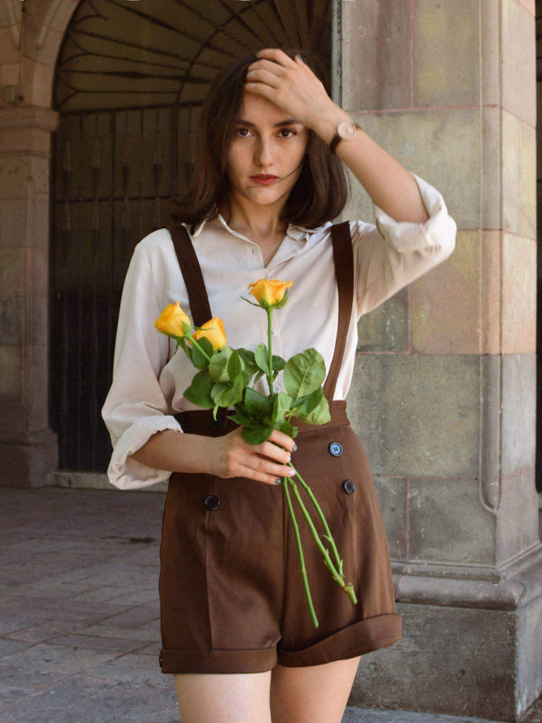 She finds her 1940s story in this Deep Brown 1940s Buttons Overalls Shorts