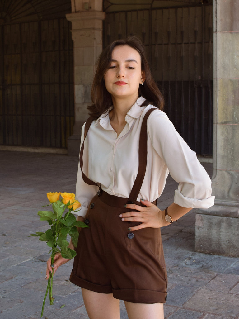Deep Brown 1940s Buttons Overalls Shorts: timeless 1940s elegance she makes her own