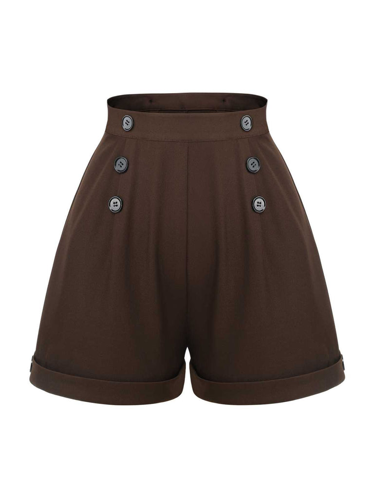 Deep Brown 1940s Buttons Overalls Shorts — 1940s vintage charm for her modern wardrobe