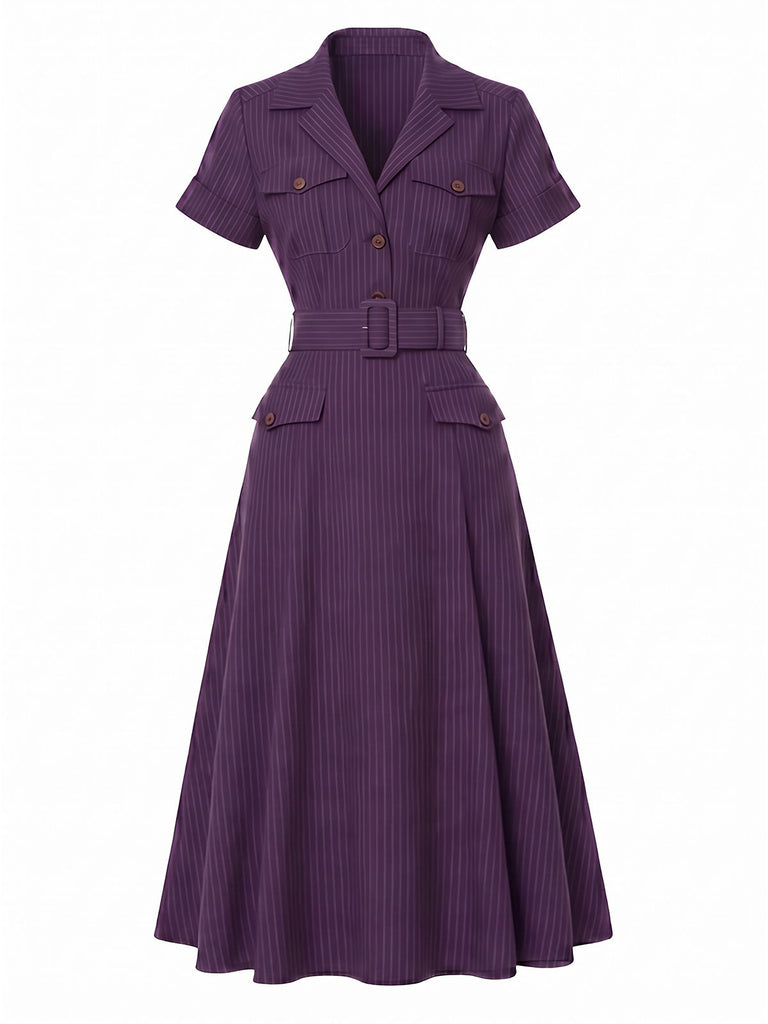 Deep Purple 1940s Pinstripe Belted Shirt Collar Midi Dress, vintage dress, retro fashion - vintage inspired fashion