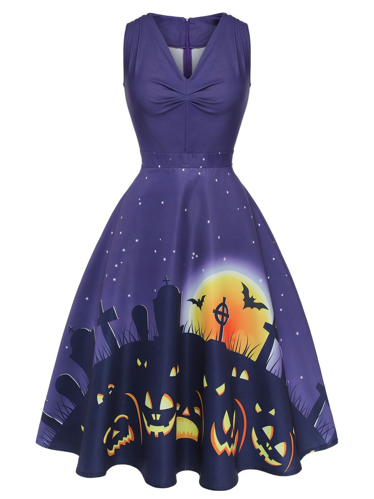 Deep Purple 1950s Halloween V-Neck Swing Dress, vintage dress, retro fashion, rockabilly, pin-up fashion - perfect for women who love vintage and retro fashion