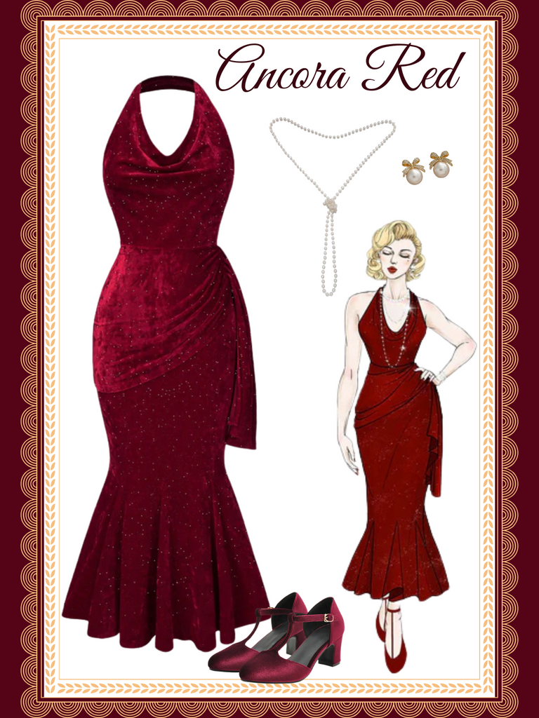 She slips into this Deep Red 1930s Glitter Cowl Neck Mermaid Dress and suddenly it's a 1930s daydream