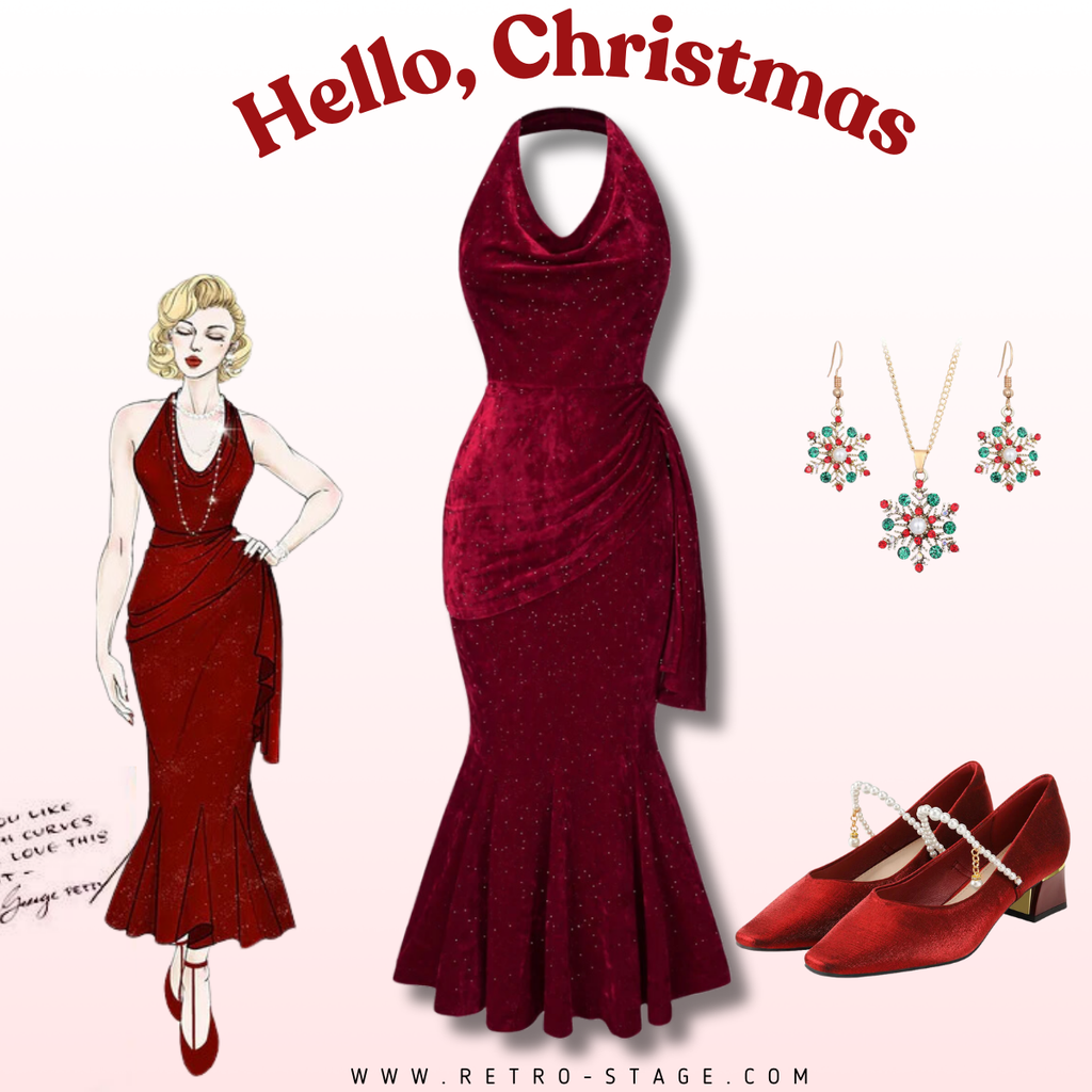 She slips into this Deep Red 1930s Glitter Cowl Neck Mermaid Dress and suddenly it's a 1930s daydream
