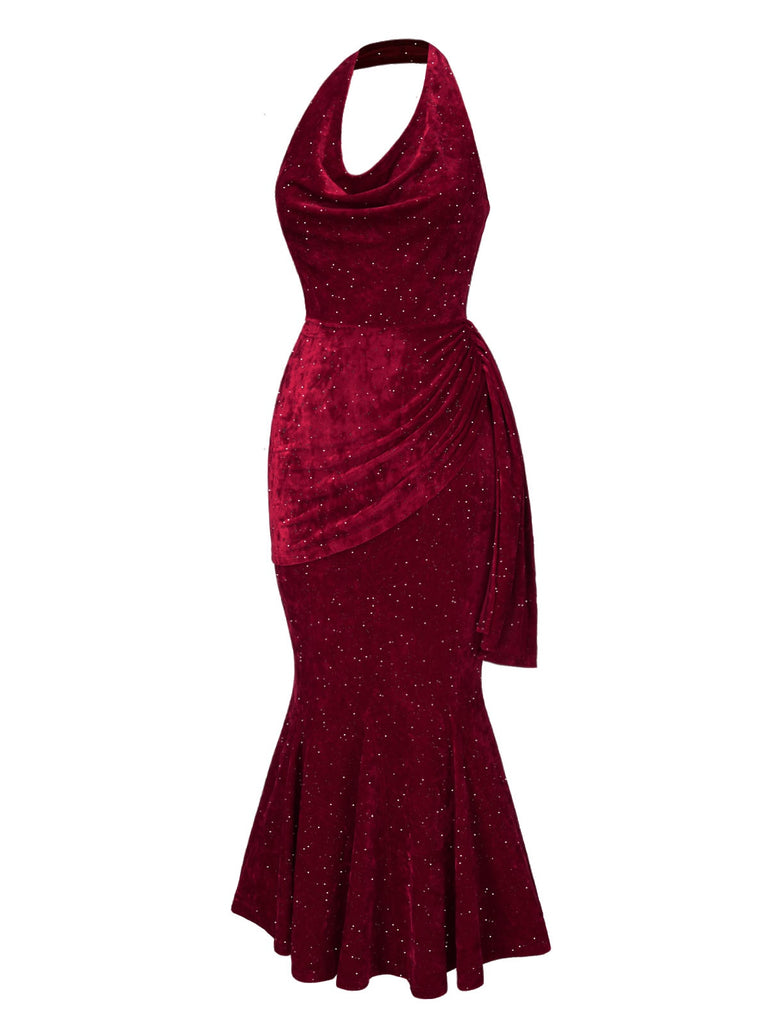 This Deep Red 1930s Glitter Cowl Neck Mermaid Dress wraps her in 1930s elegance, one twirl at a time