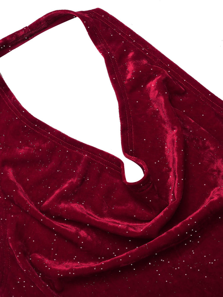 She slips into this Deep Red 1930s Glitter Cowl Neck Mermaid Dress and suddenly it's a 1930s daydream