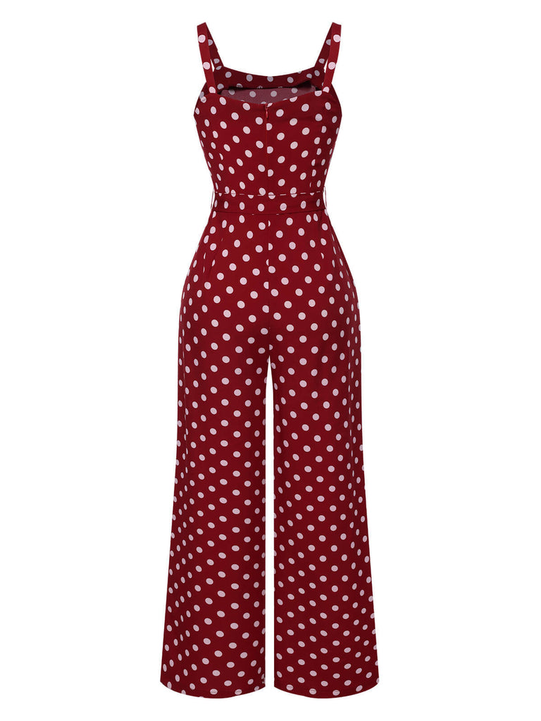 Deep Red 1940s Polka Dot Straps Jumpsuit, vintage romper, retro jumpsuit - perfect for women who love vintage and retro fashion