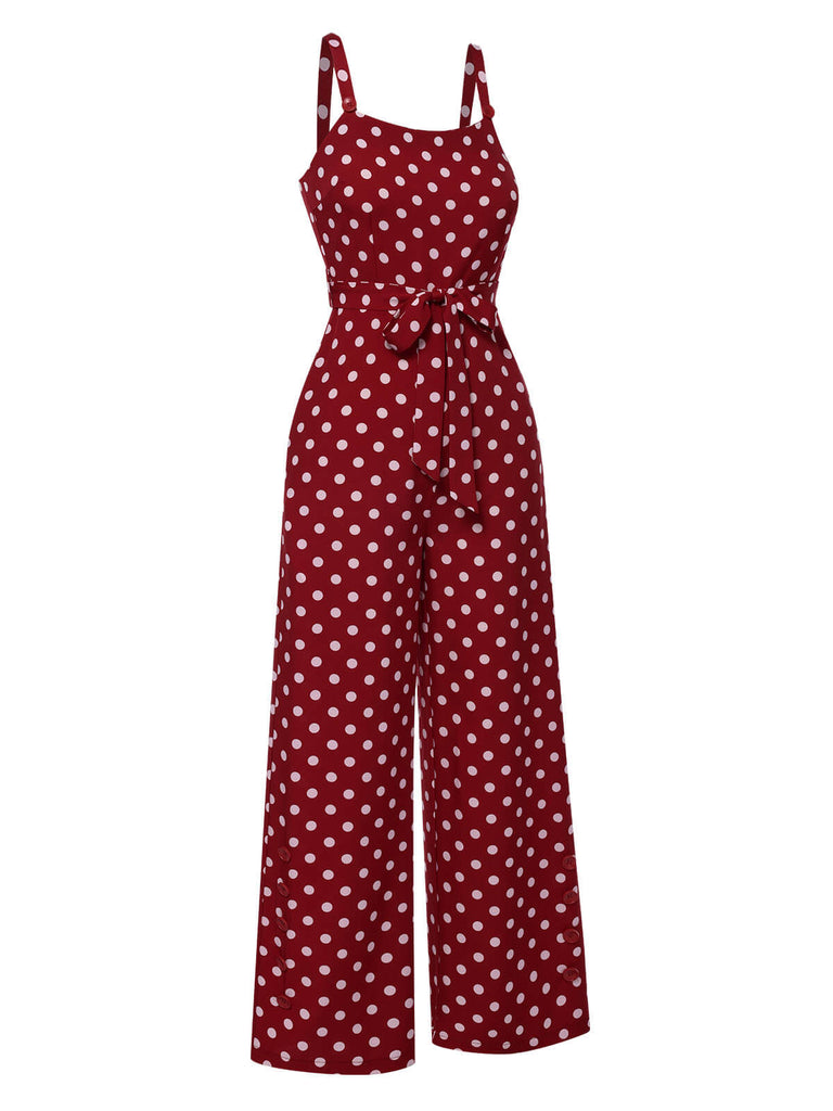 Deep Red 1940s Polka Dot Straps Jumpsuit, vintage romper, retro jumpsuit - perfect for women who love vintage and retro fashion