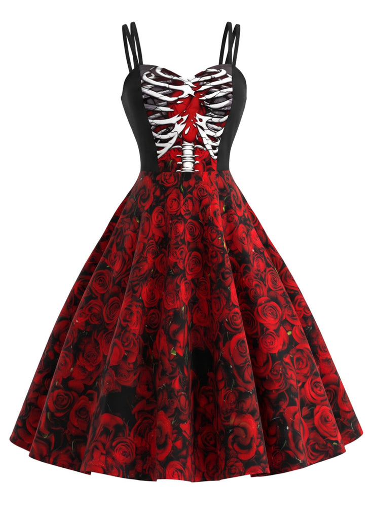 Deep Red 1950s Skull Rose Strap Dress - 1
