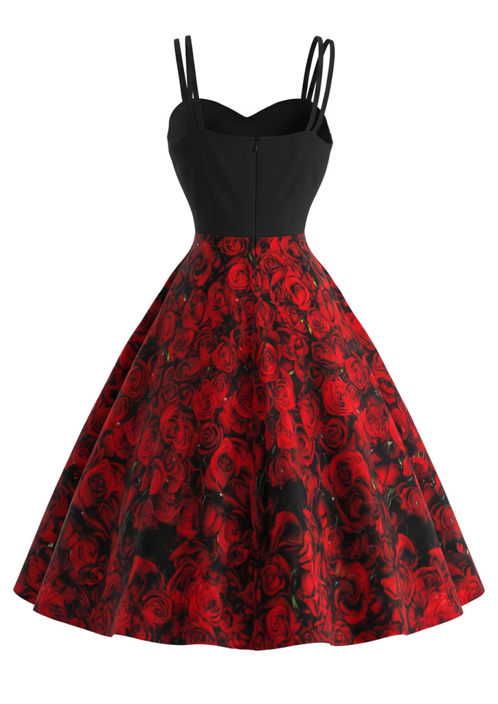 Deep Red 1950s Skull Rose Strap Dress - 2