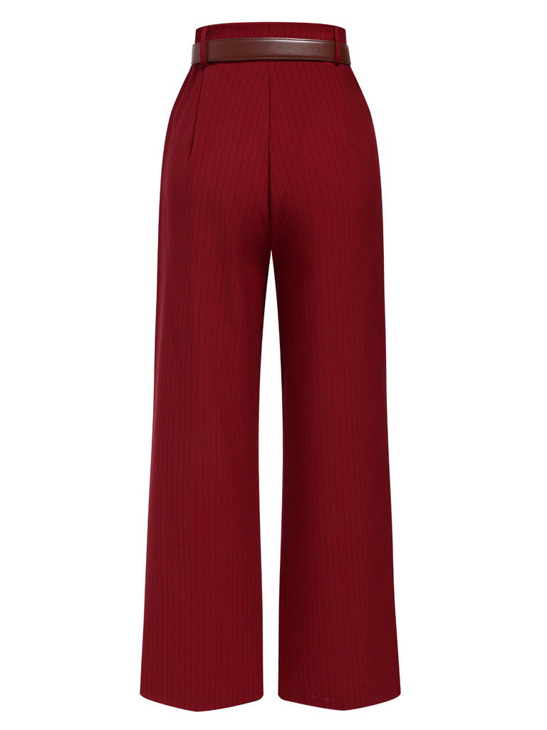 Deep Red 1950s Stripes Wide Leg Belted Pants — 1950s style for the woman going places