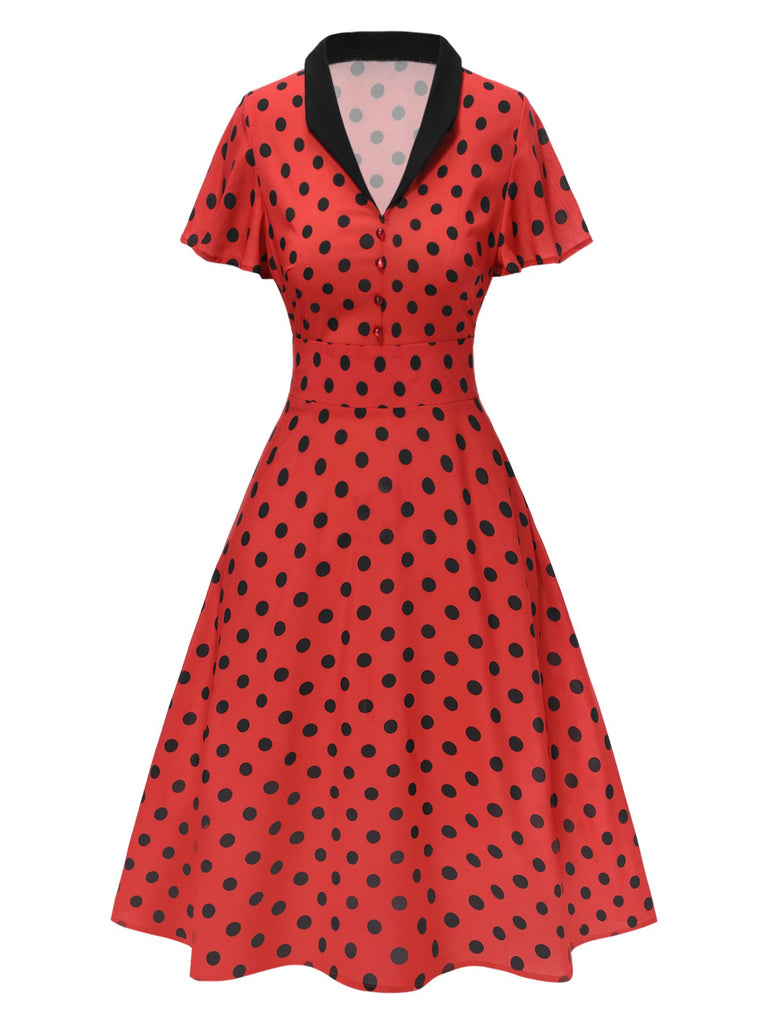 This Deep Red 1950s V-Neck Polka Dots Lapel Dress wraps her in 1950s elegance, one twirl at a time
