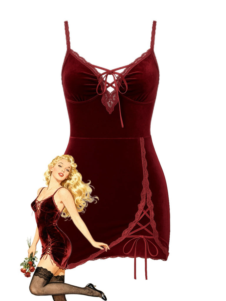 Deep Red 1980s Lace-Up Velvet Strap Nightgown - vintage nightgown, retro sleepwear, elegant red