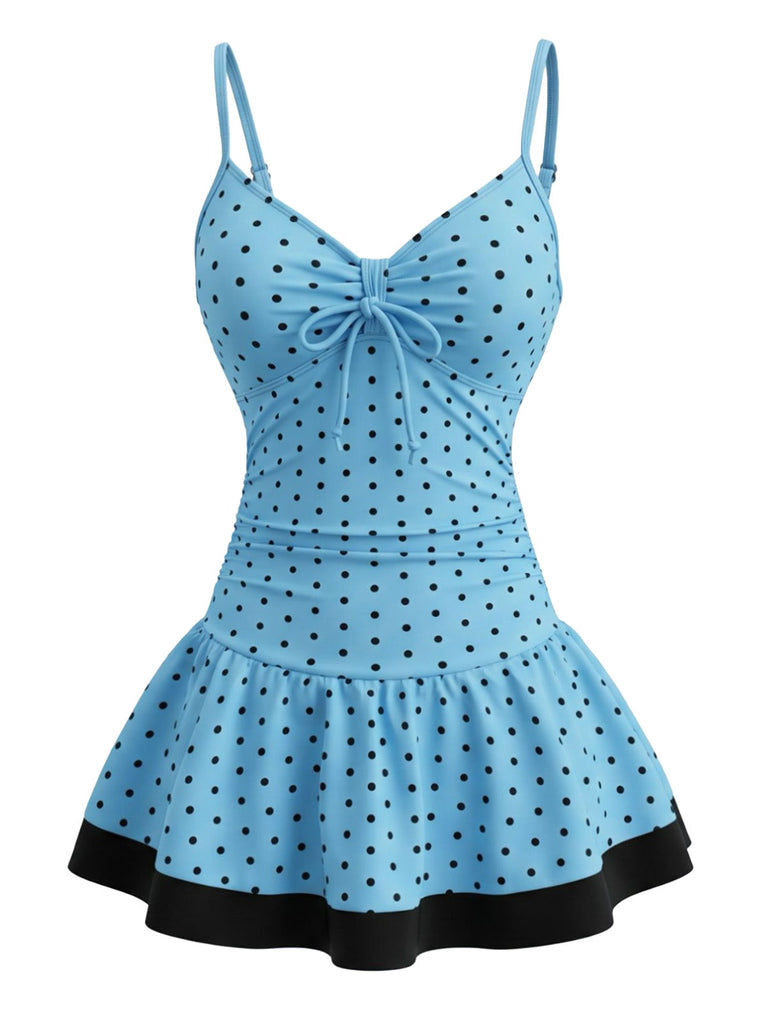 Deep Sky Blue 1950s Polka Dot One Piece Swimsuit, vintage swimsuit, pin-up swimwear - perfect for women who love vintage and retro fashion