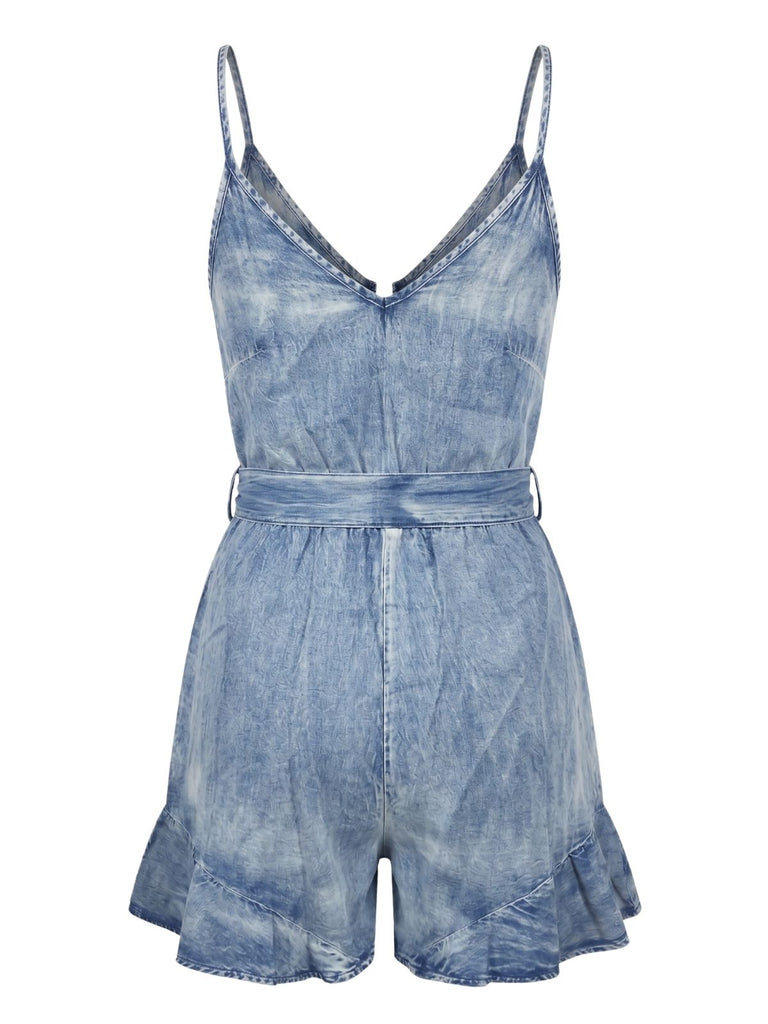 Denim-1950s-Vintage-Buttoned-Tie-Waist-Ruffle-Romper, vintage, retro, romper