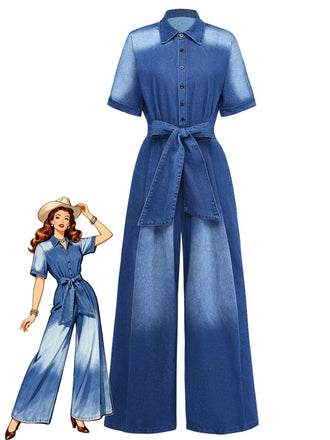 Denim 1970s Lapel Button Belted Waist Jumpsuit - vintage jumpsuit, retro fashion