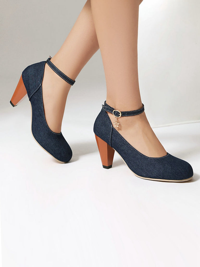 Denim Buckle Mary Janes Chunky Heels - vintage shoes, retro heels