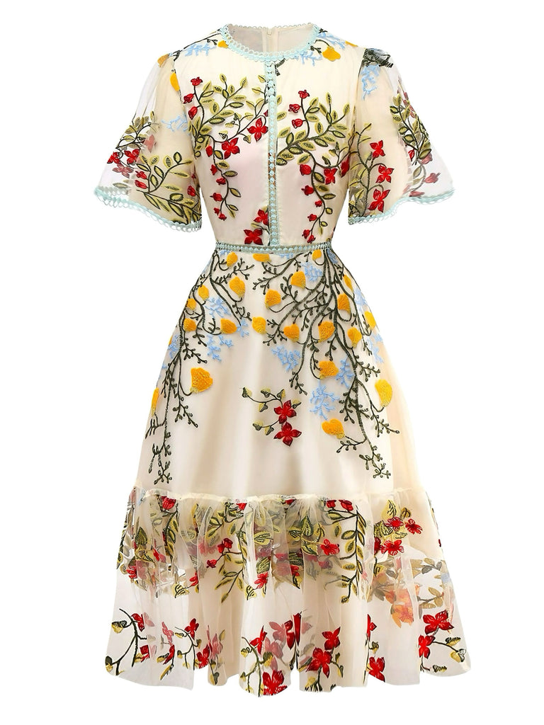 1940s Water Soluble Lace Mesh Embroidery Ruffle Dress - vintage dress, retro fashion