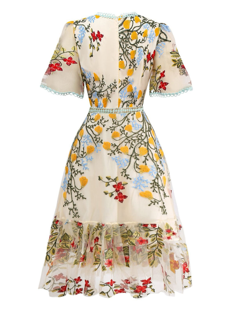 1940s Water Soluble Lace Mesh Embroidery Ruffle Dress - vintage dress, retro fashion