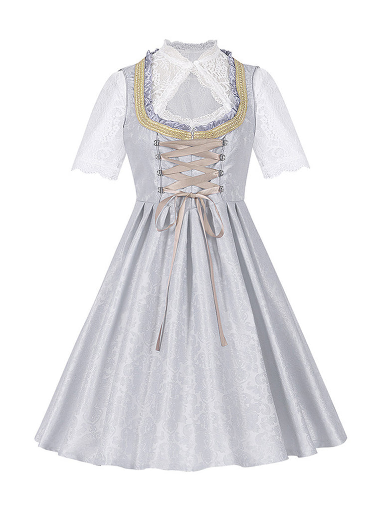 3PCS Gray 1950s Ethnic Floral Lace Top & Lace-Up Dress - vintage dress, retro fashion, rockabilly
