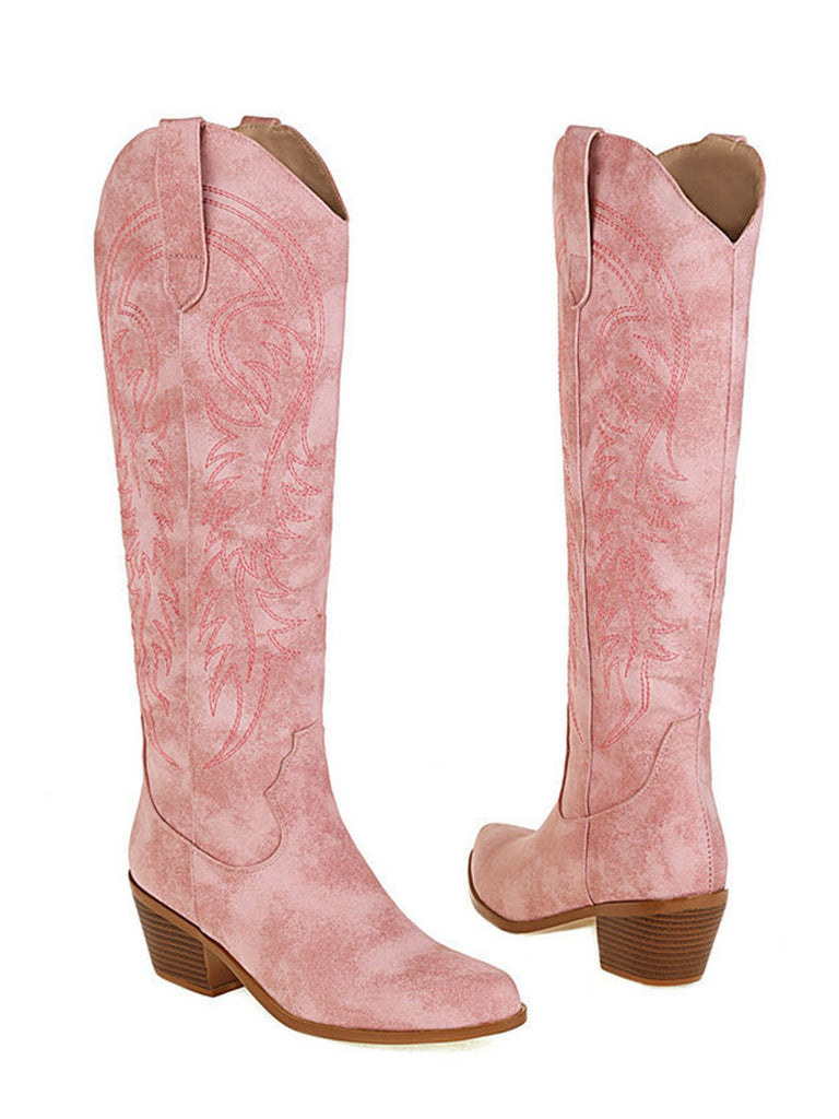 This Embroidered Chunky Heel Mid-Calf Cowboy Boots whispers vintage secrets to those who notice