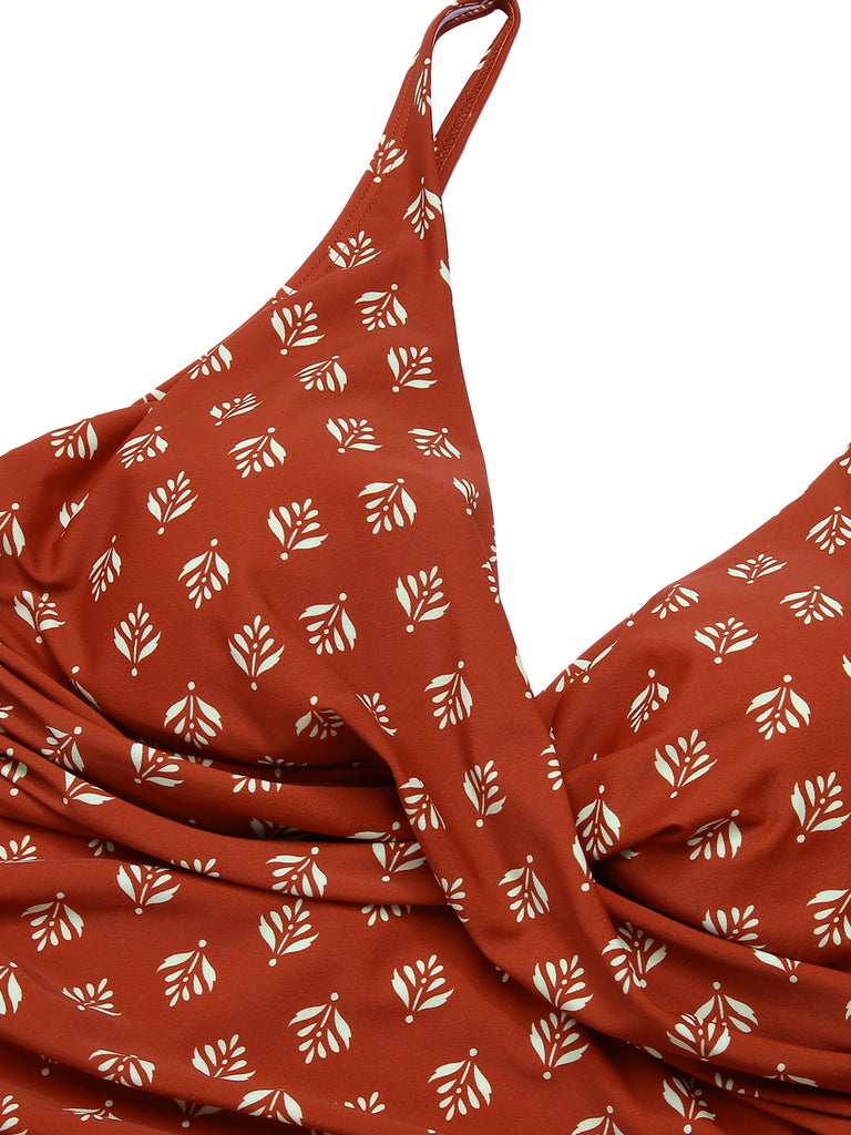 Fire Brick Red 1940s Leaves V-Neck Swimsuit, vintage swimsuit, pin-up swimwear - perfect for women who love vintage and retro fashion