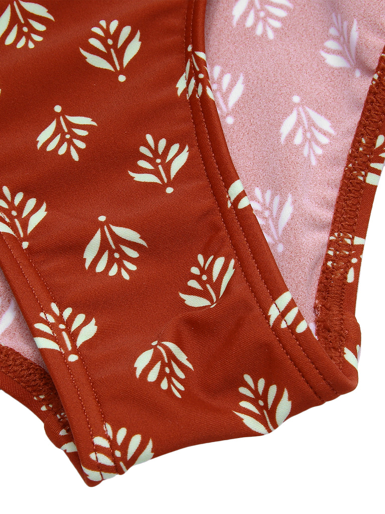 Fire Brick Red 1940s Leaves V-Neck Swimsuit, vintage swimsuit, pin-up swimwear - perfect for women who love vintage and retro fashion