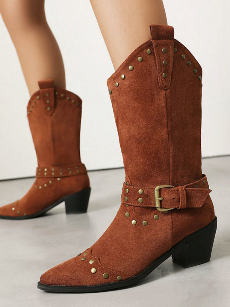 Flannelette Studded Wingtip Toe Chunky Heel Boots - vintage shoes, retro heels