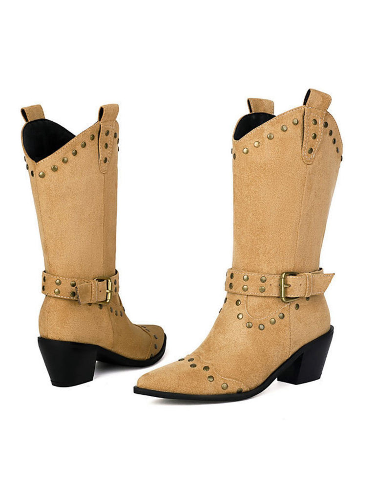 Flannelette Studded Wingtip Toe Chunky Heel Boots - vintage shoes, retro heels