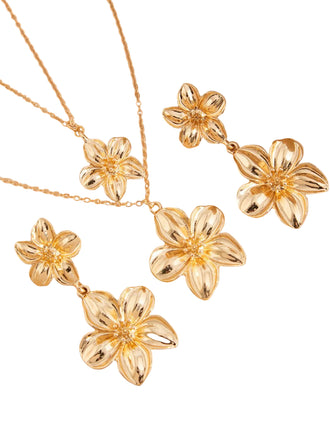 Floral Double Clavicle Necklace & Earrings Set - vintage fashion, retro style